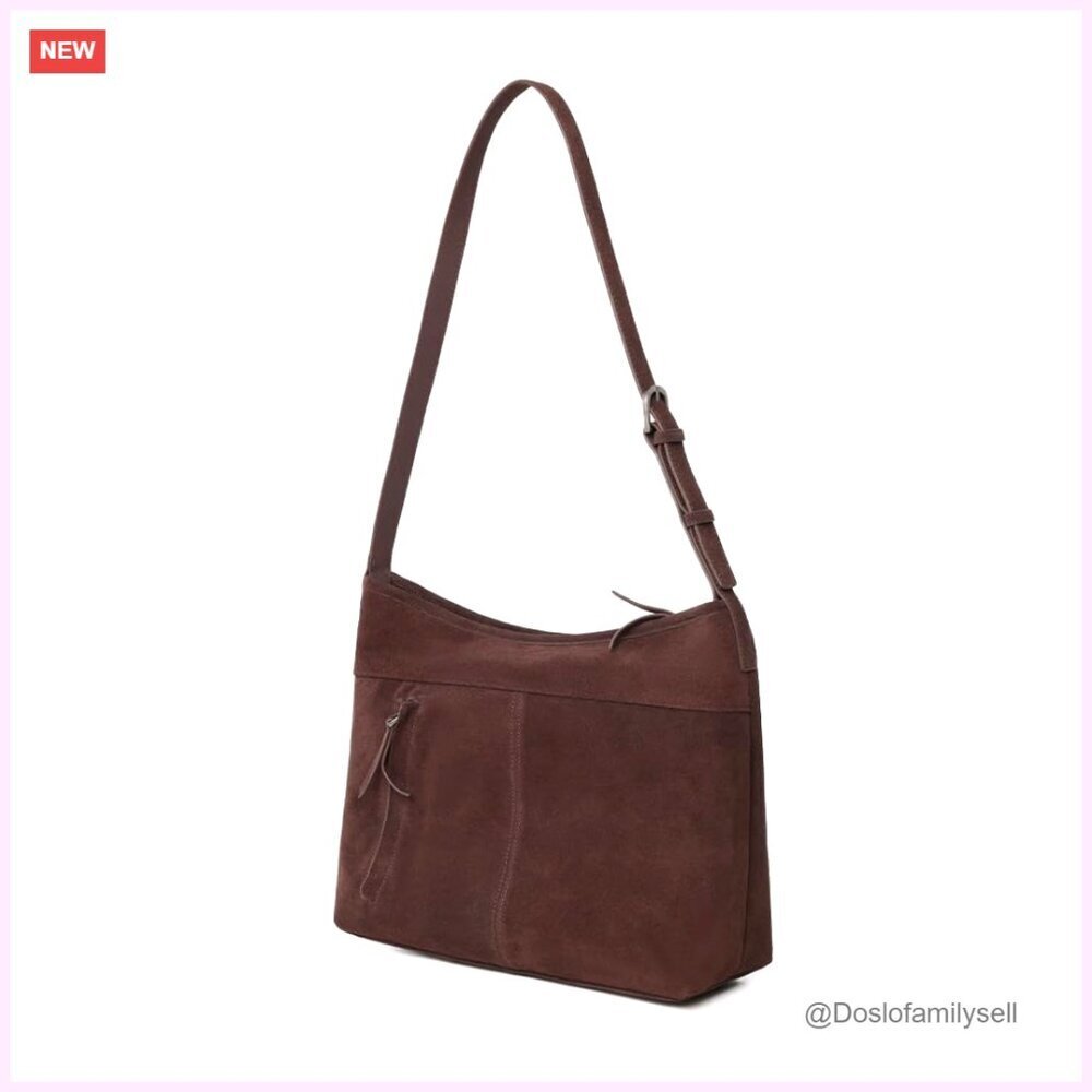 Slouchy Suede Leather Shoulder Crossbody Hobo Tote Adjustable Strap Zip Top